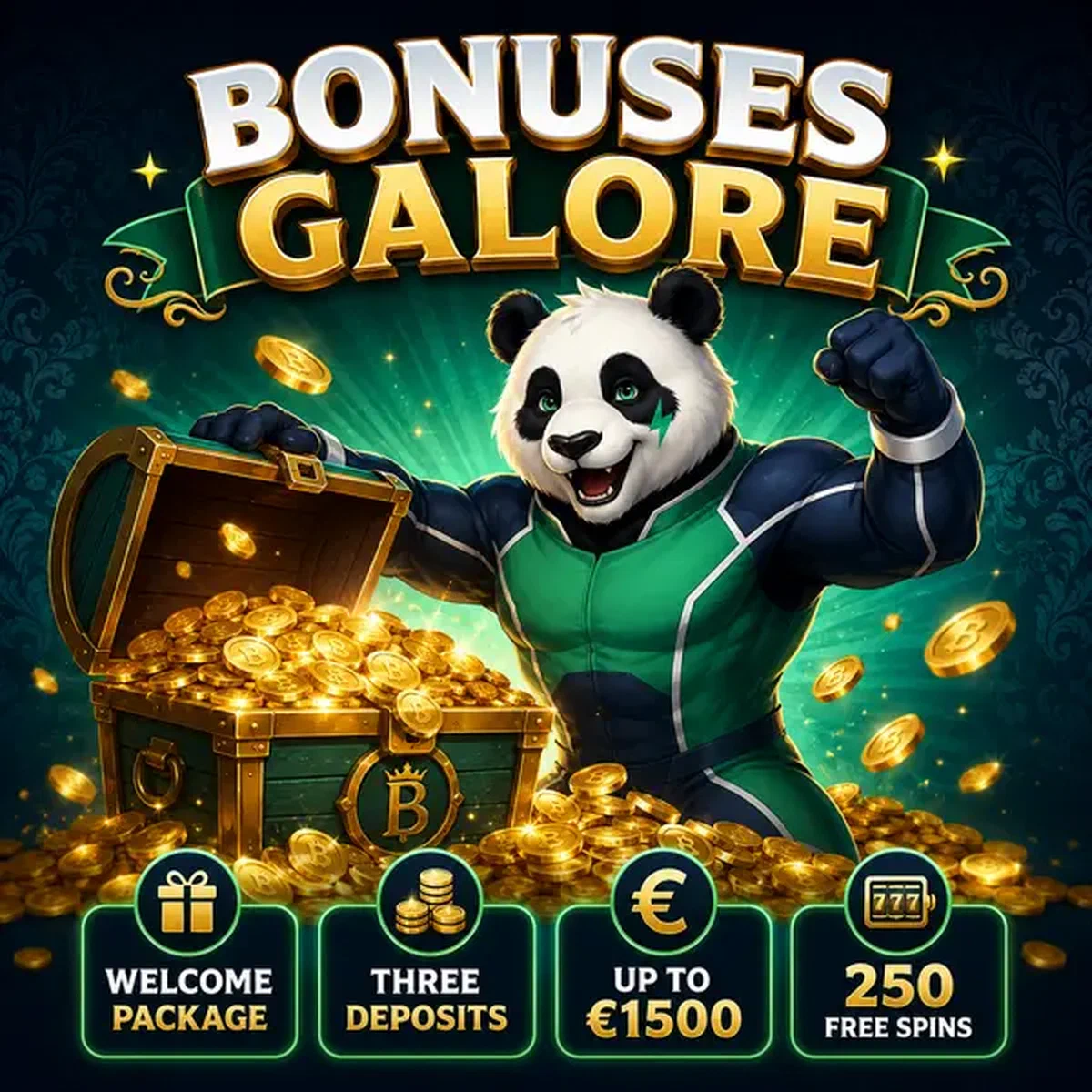 Tesoros de bonos de Bruno Casino brillando con recompensas de bienvenida y promociones doradas