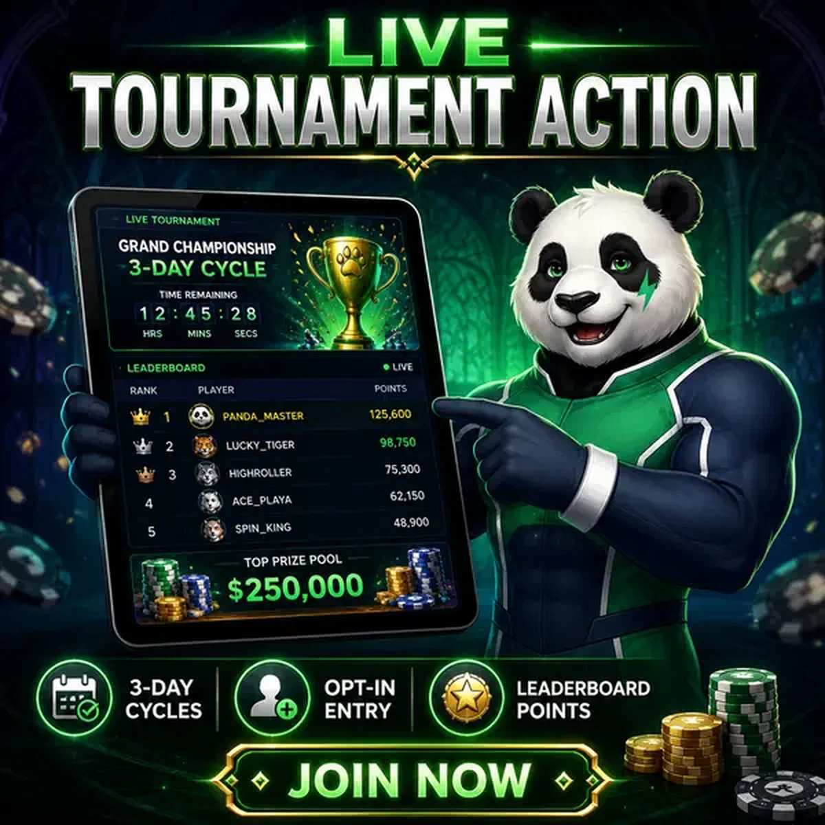 Bruno el Panda señalando clasificación de torneo de casino en vivo en el estudio de juego de Bruno