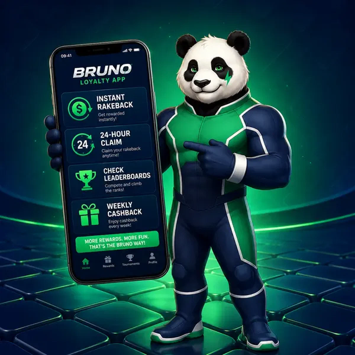 Bruno Panda mostrando características de app de lealtad con rakeback instantáneo en Bruno Casino
