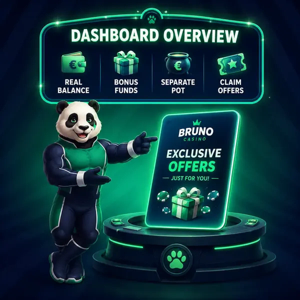 Bruno el Panda señalando tarjeta promocional brillante mostrando panel de inicio de sesión en Bruno Casino