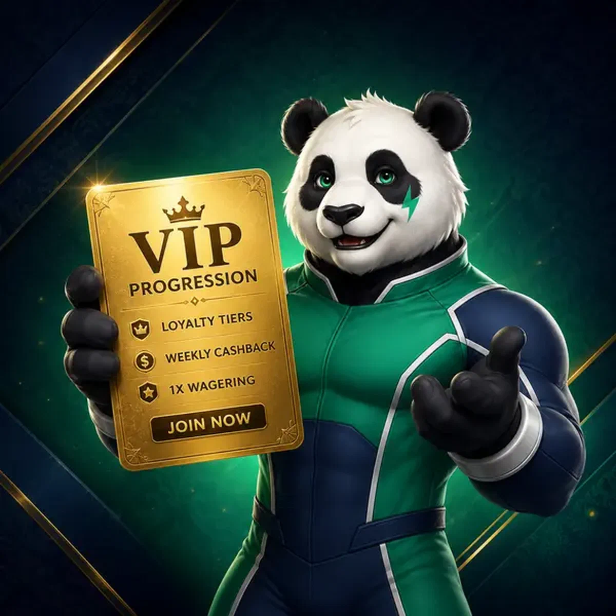 Bruno el Panda sostiene con orgullo una tarjeta VIP mientras el jugador se registra para Progresión de Lealtad a Largo Plazo y Beneficios VIP