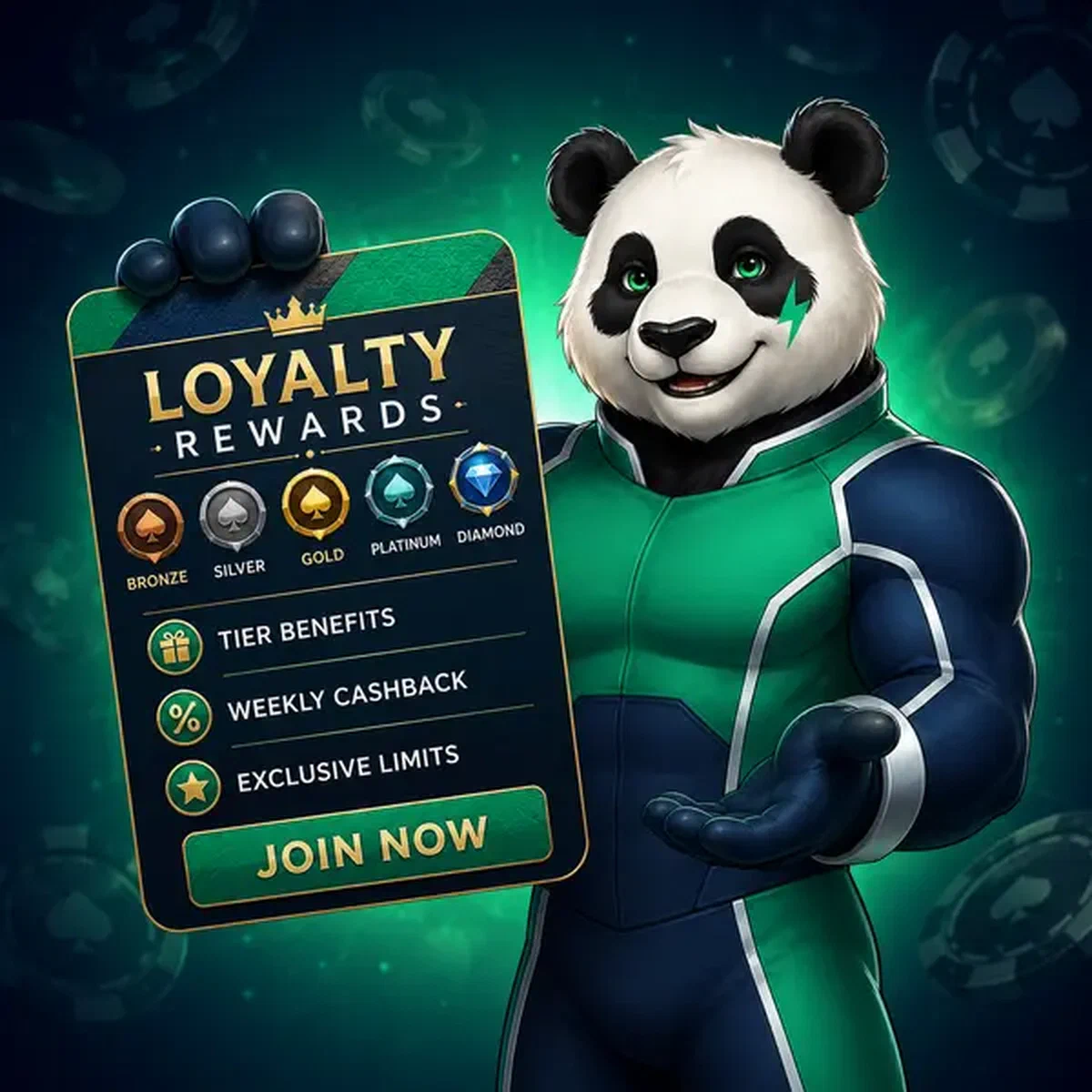 Bruno el Panda muestra tarjeta de lealtad con beneficios de verificación en Casino de Beneficios Post-Verificación