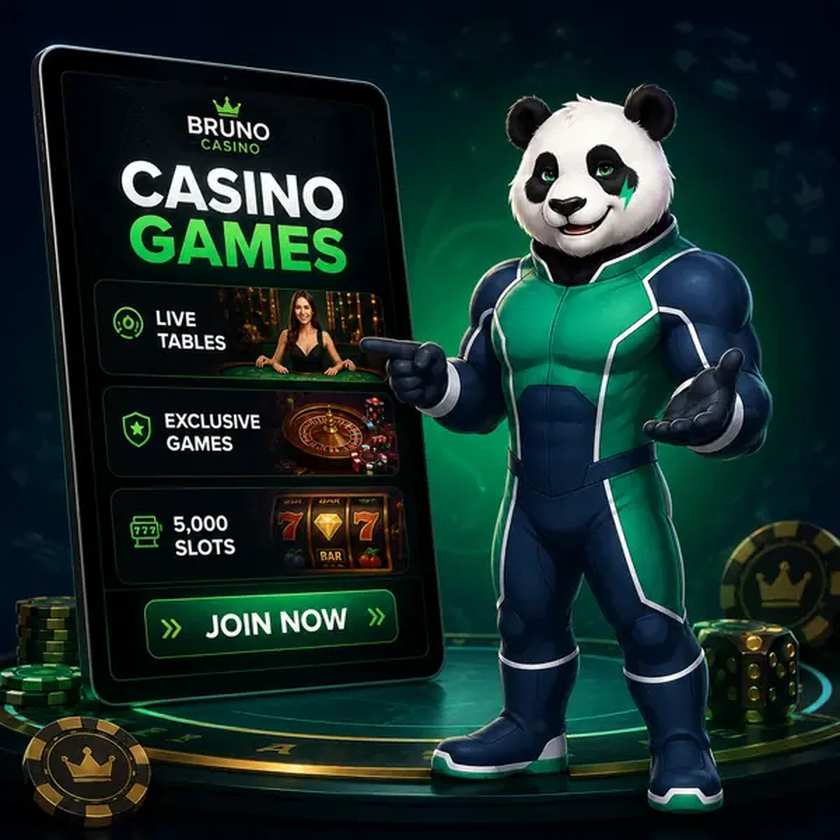 Bruno el Panda presentando juegos de casino en vivo en tablet digital en Bruno Casino Games