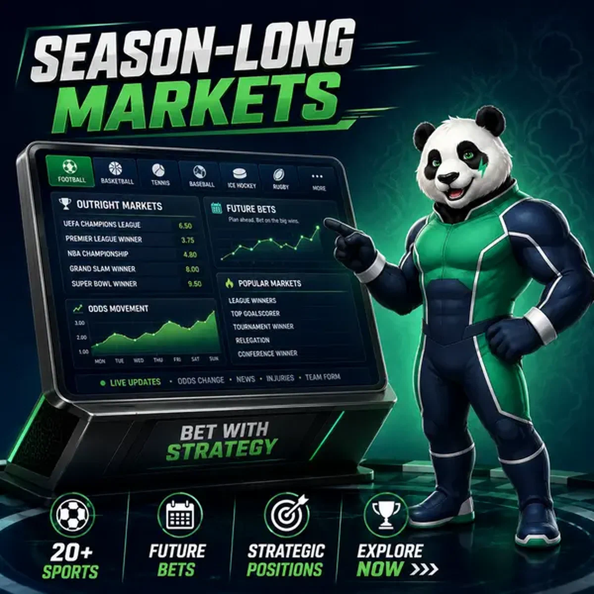 Bruno el Panda guía las apuestas deportivas en la consola de sportsbook de Mercados de Temporada Completa