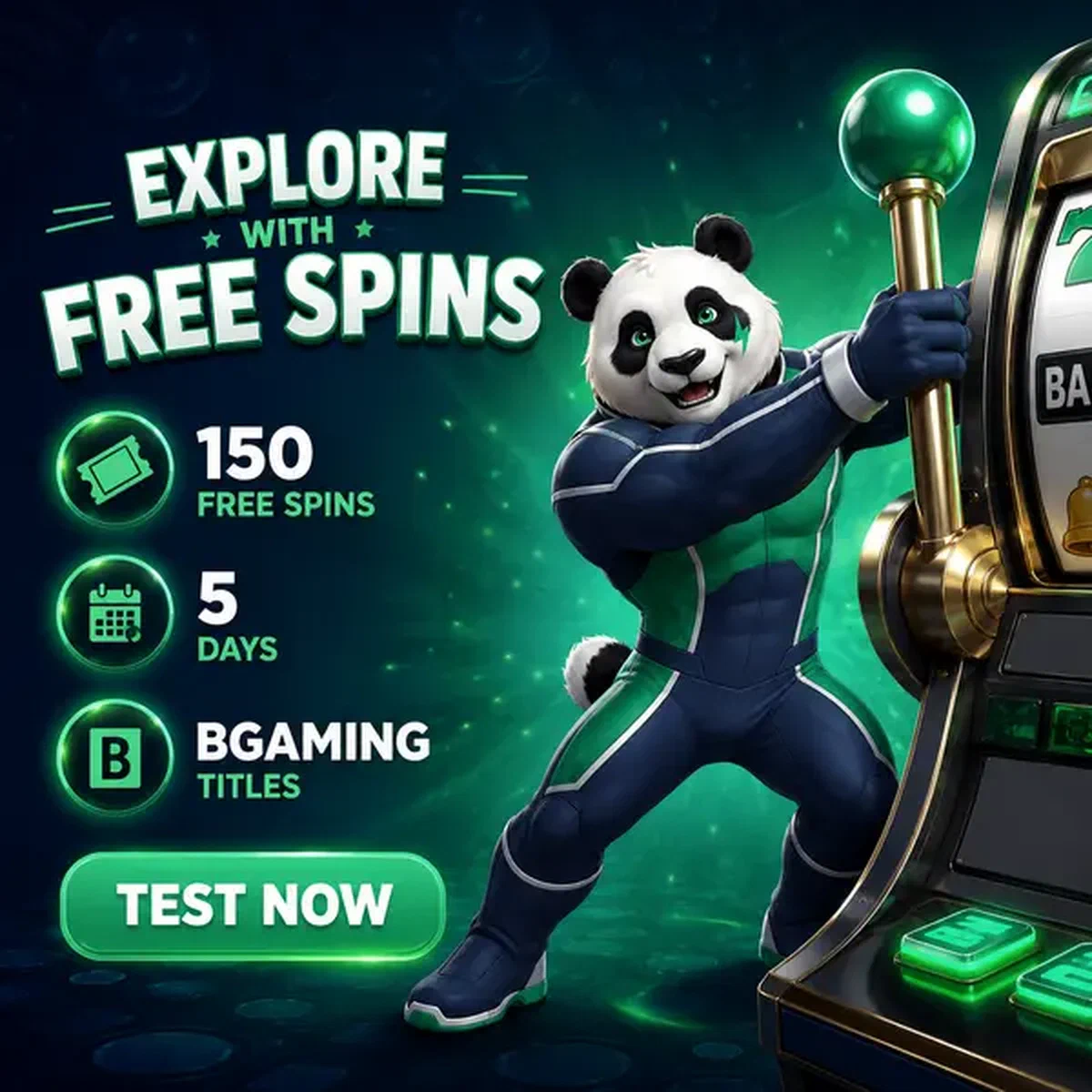Bruno el panda tirando de la palanca de la slot con giros gratis cayendo en cascada alrededor de la máquina de juego