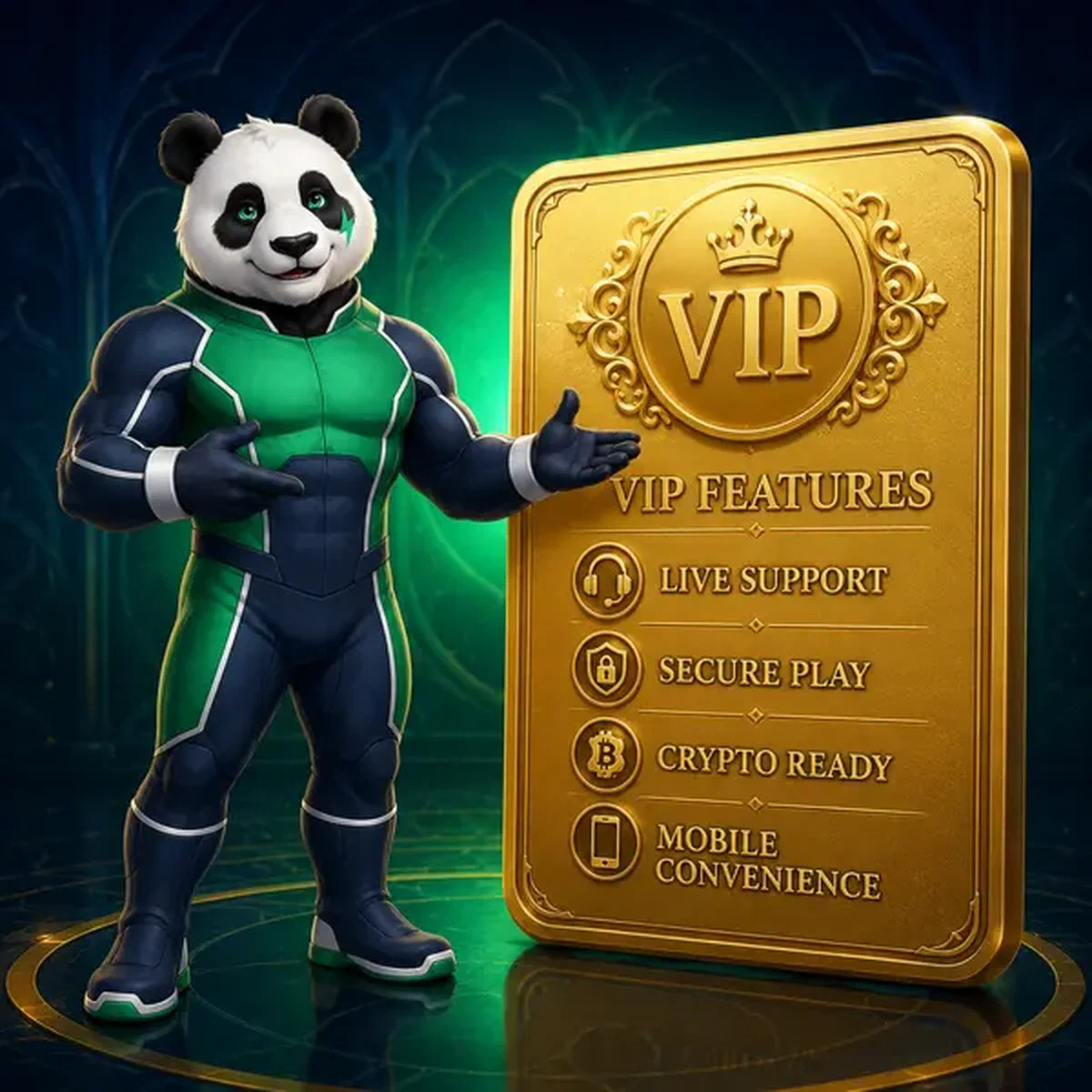 Bruno el Panda mostrando características VIP en tarjeta dorada en portal de app móvil