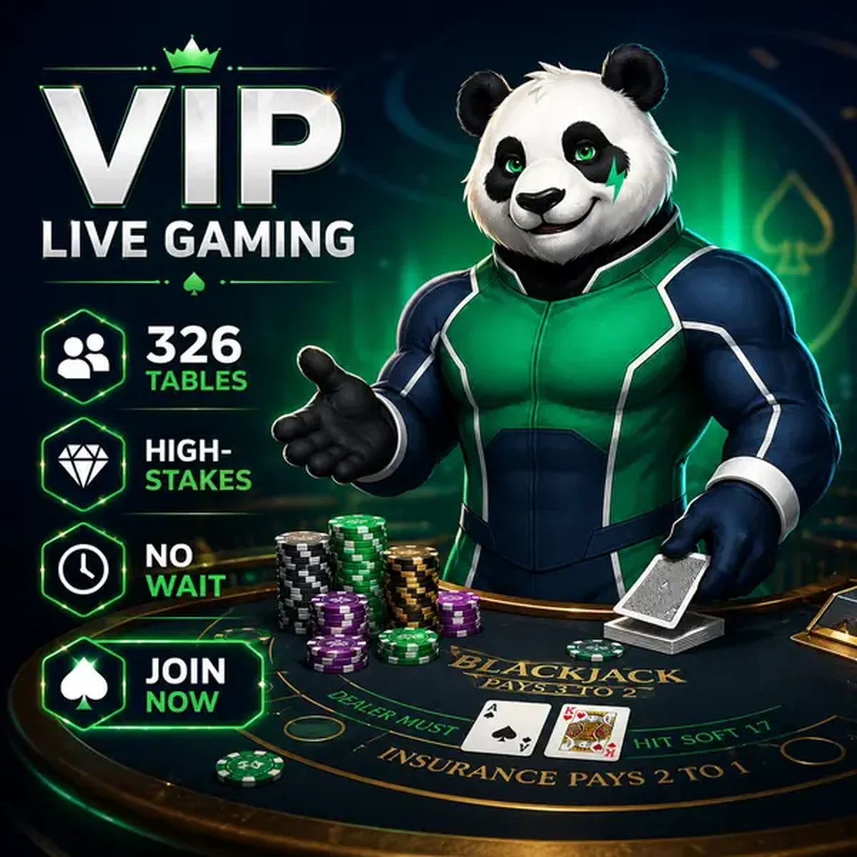 Bruno el Panda repartiendo cartas en mesas VIP Live Tables and High-Stake Rooms de casino en vivo
