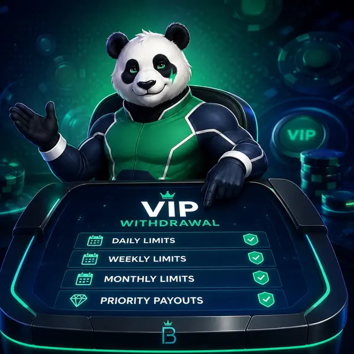 Bruno el Panda en el escritorio de verificación de Límites de Retiro VIP y Procesamiento Prioritario con pantalla digital