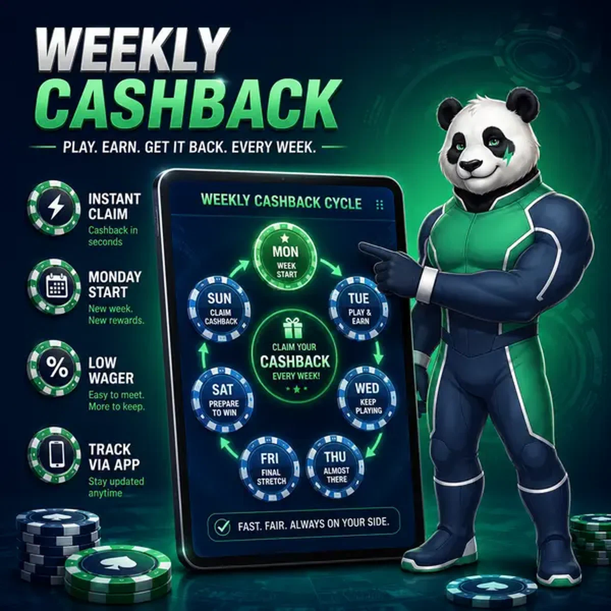 Bruno el Panda señalando calendario de cashback semanal en Weekly Cashback Rhythm and Claim Windows
