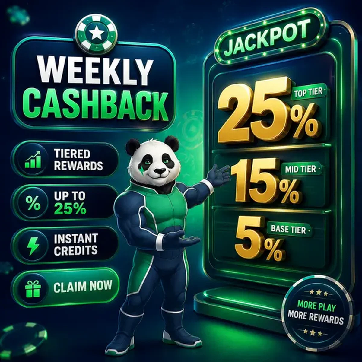 Bruno el Panda gesticulando hacia números brillantes mientras el jugador reclama cashback semanal en Weekly Cashback and Rakeback Claims