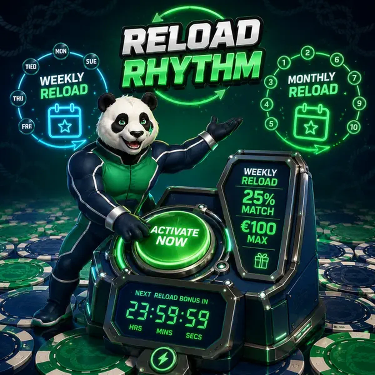 Bruno el Panda activando bono de recarga semanal en la consola de juego de Bruno Casino