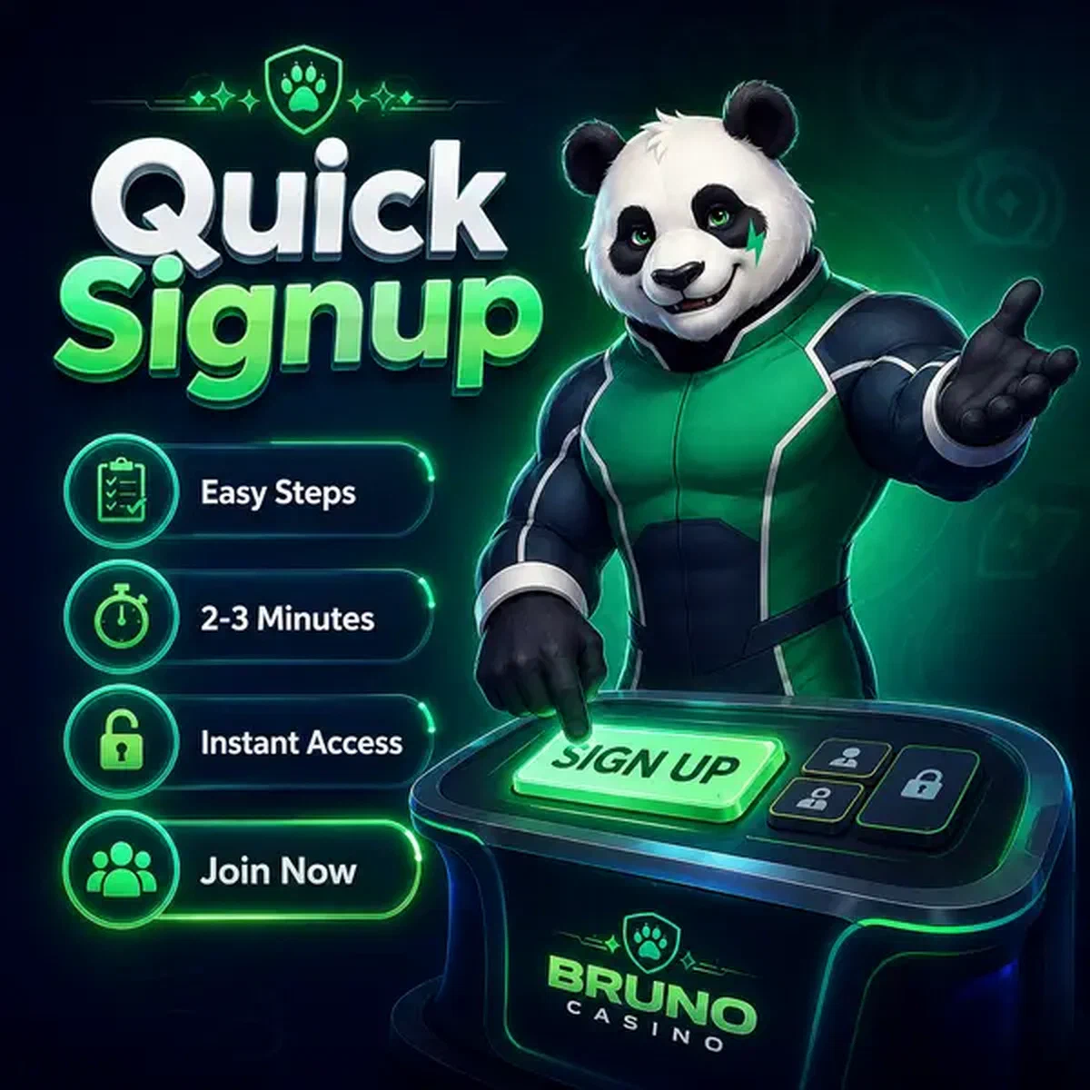 Bruno el Panda presionando consola de registro brillante en el portal de registro de Bruno Casino