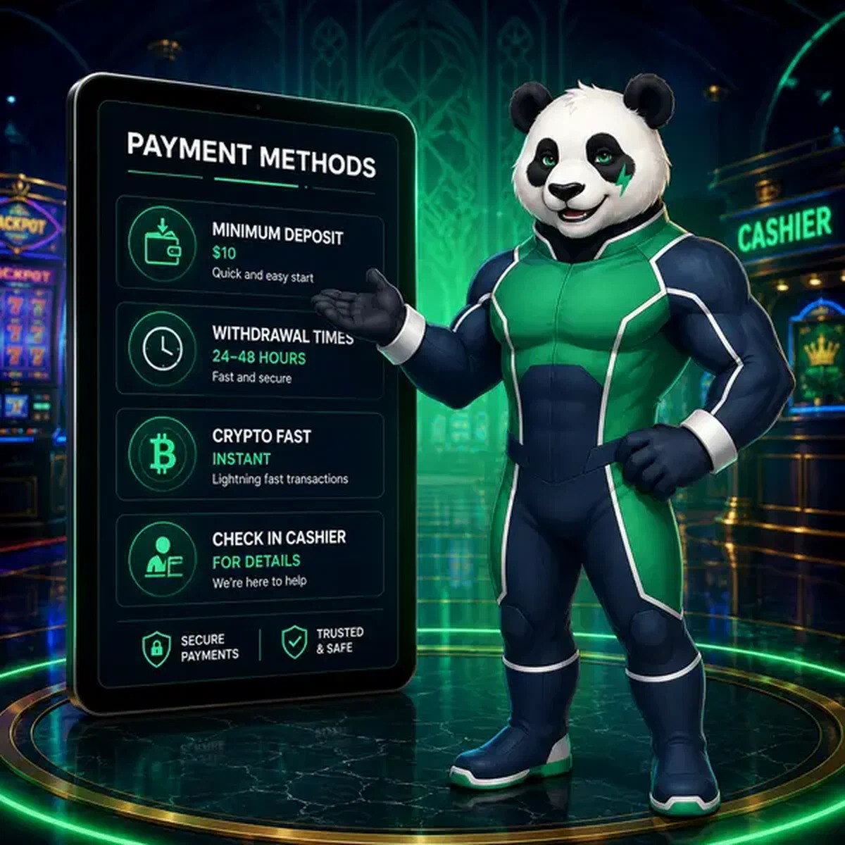 Bruno el Panda explica métodos de pago en tablet en Bruno Casino