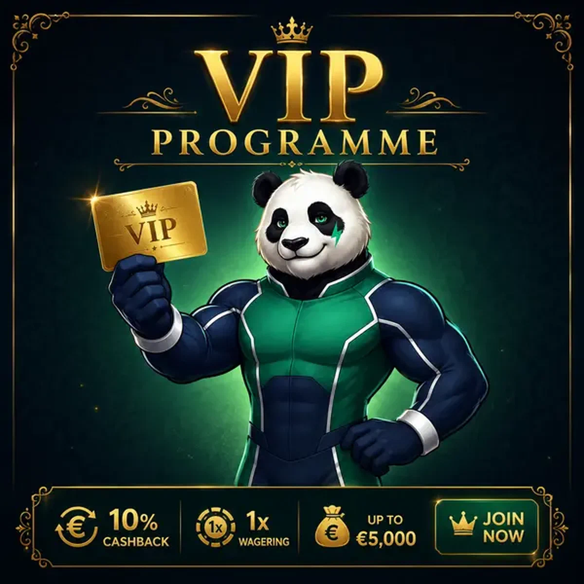 Bruno el Panda muestra con orgullo la tarjeta dorada del Programa VIP en Bruno Casino