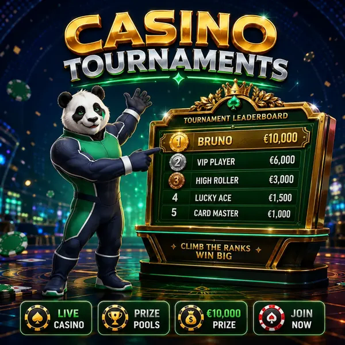 Bruno el Panda señalando la tabla de clasificación del torneo en el casino en vivo de Bruno Casino
