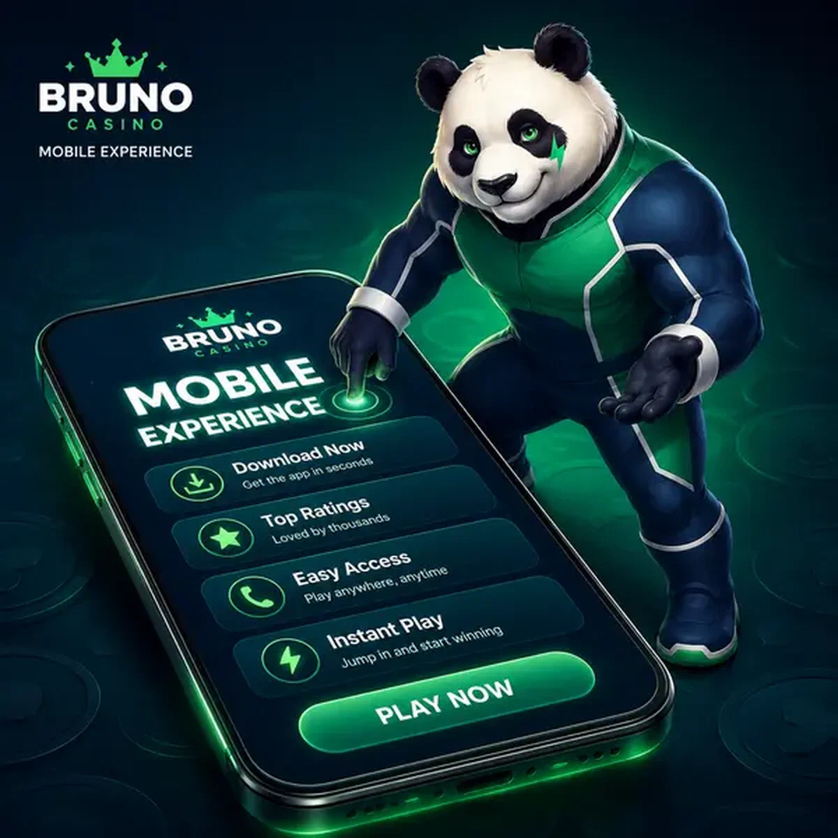 Bruno stoi pewnie na gigantycznym smartfonie prezentującym doświadczenie mobilne w Bruno Casino